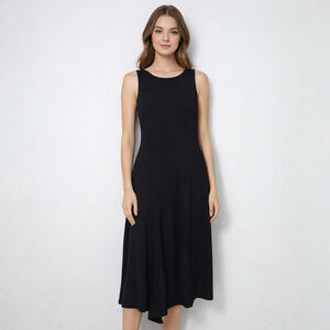 Ann Taylor Loft Black Drop Waist Pleated Fit Flare Midi Dress Slinky Size S